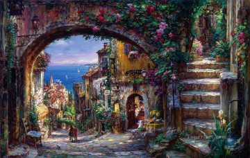 ヨーロッパの街 Painting - 花の街の海辺